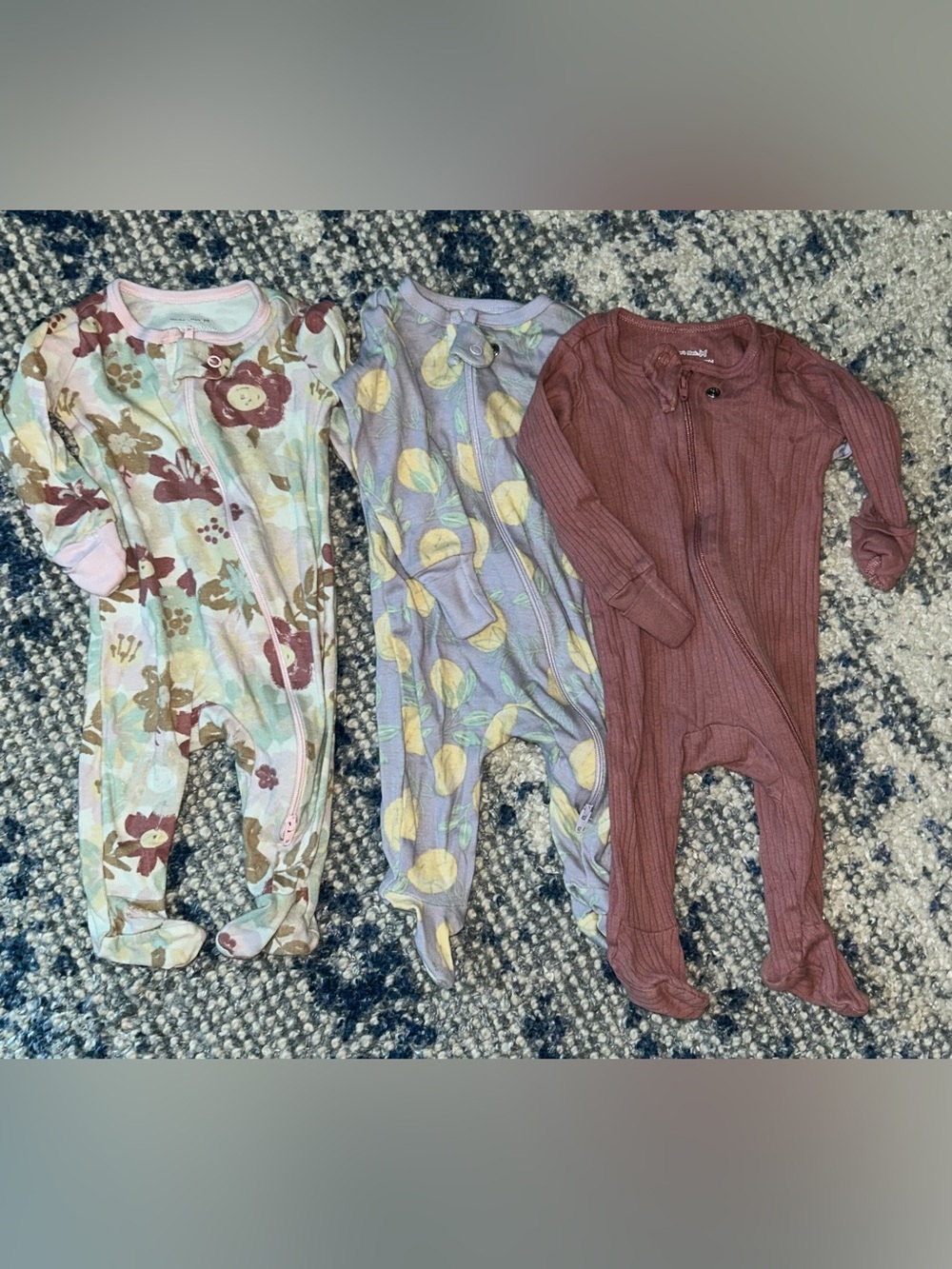 3-Pack Kids One-Piece Footed Pajamas — Floral, Lemon Print & Rust